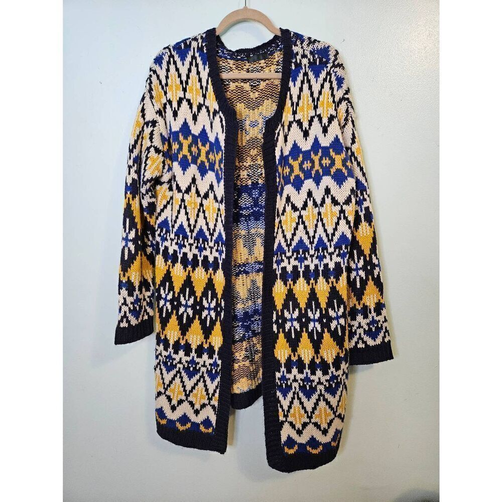 Mak. B  blue and yellow knitted cardigan.  Size M/L.